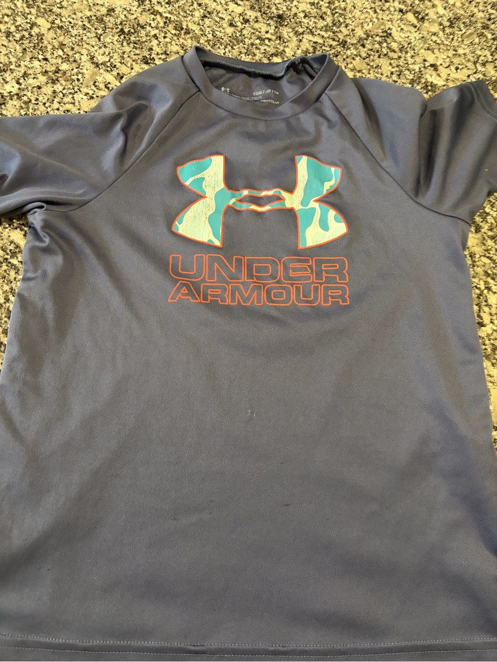 Under Armour Navy Long Sleeve Tee with Teal Camo Logo and Orange Accent